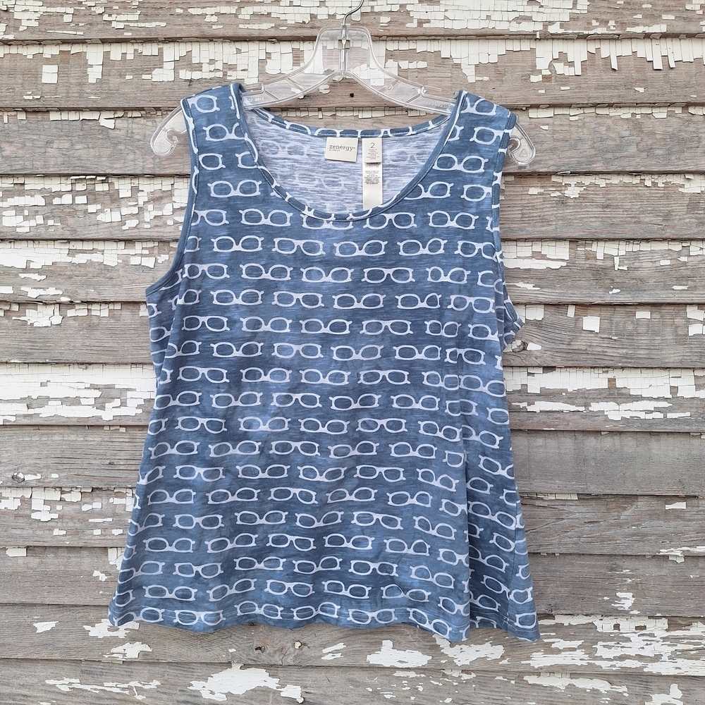 Zenergy By Chicos Chic Blue Sunglasses Print Tank Top Size 2 Large
